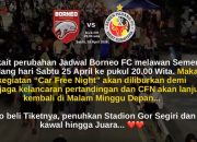 Jadwal Borneo FC Berubah ke Malam, Car Free Night Samarinda Libur Demi Laga Borneo FC