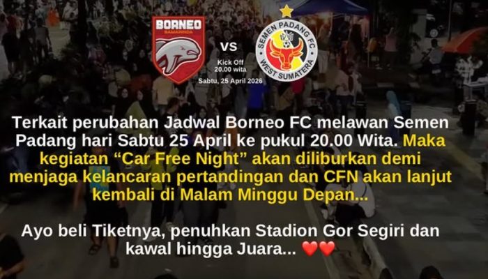 Jadwal Borneo FC Berubah ke Malam, Car Free Night Samarinda Libur Demi Laga Borneo FC